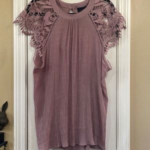 Mauve colored crepe top with lace sleeves & button closure on back of neck